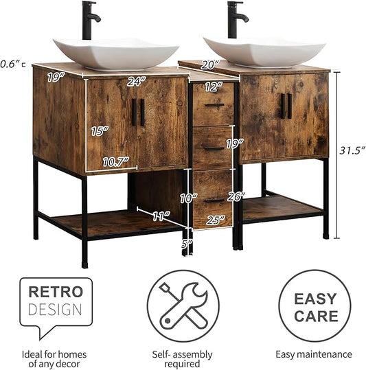 UEV Rustic Brown 60" Double Bathroom Vanity with Sink Combo,Industrial Iron Frame 2 Main Bathroom Vanity with Middle 3 Drawers Cabinet,Modern Artistic Ceramic Vessel Sink(032WH)