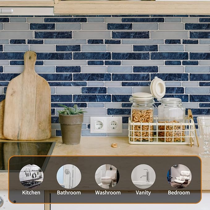 WOWSTAR 10-Sheet Peel and Stick Backsplash Tile for Kitchen Wall, Back Splash Stick On Tiles for Kitchen (12"x12", Dark Blue) | Peel and stick backsplash, self-adhesive wall tile, Dark Blue, waterproof, kitchen bathroom wall, 10-sheet