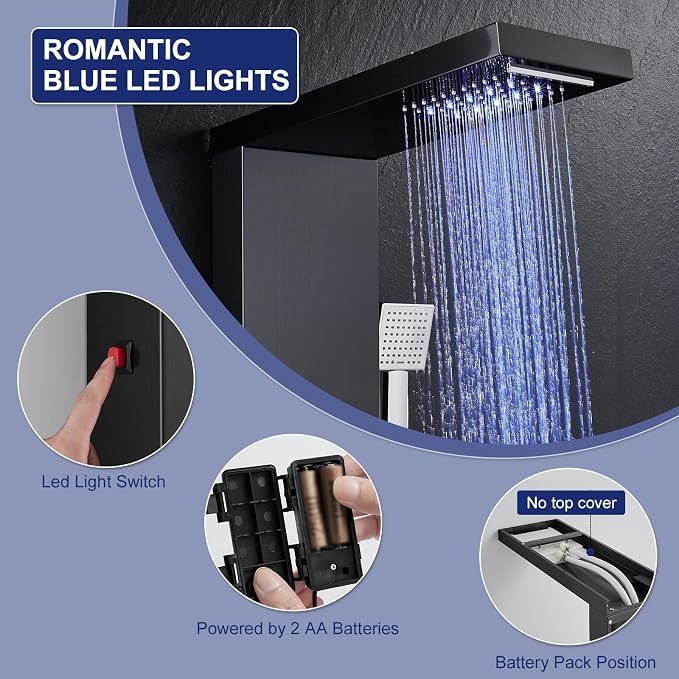 ROVATE 6 in 1 LED Rainfall Waterfall Shower Panel Tower System, Black | Stainless Steel Shower Column with Tub Spout, Rainfall Waterfall Shower Head, 2-Setting Massage Body Jets, Flexible Handheld