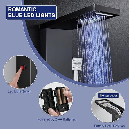 ROVATE 6 in 1 LED Rainfall Waterfall Shower Panel Tower System, Black | Stainless Steel Shower Column with Tub Spout, Rainfall Waterfall Shower Head, 2-Setting Massage Body Jets, Flexible Handheld