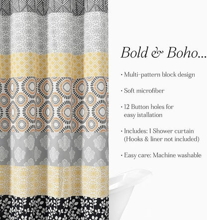 Lush Decor Bohemian Stripe Shower Curtain, 72" W x 72" L, Yellow & Gray - Bathroom Curtain - Striped Shower Curtain - Boho Decor - Fabric Shower Curtains