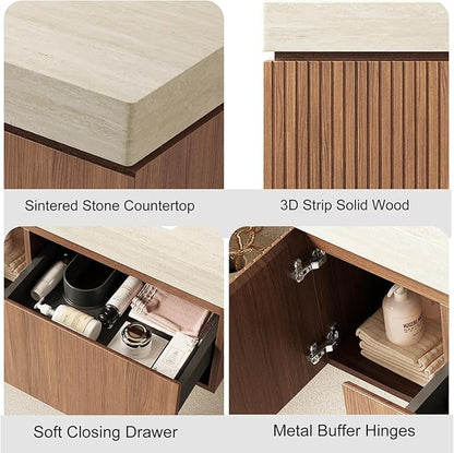 Ambrovina 30" Floating Bathroom Vanity with Sink, Modern Plywood Bathroom Storage Cabinet with Drawer and Door, Light Yellow Sintered Stone Countertop, White Ceramic Basin, Pre-Assembled, Light Oak
