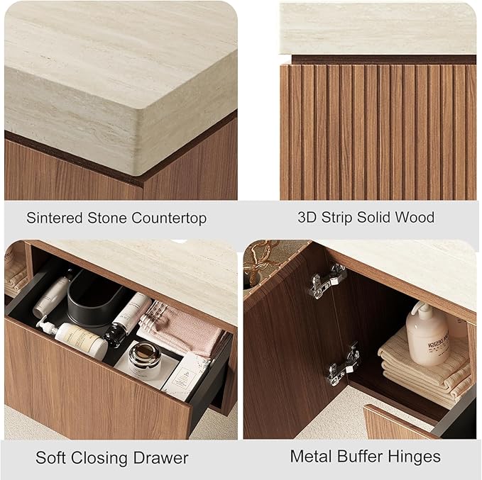 Ambrovina 36" Floating Bathroom Vanity with Sink, Modern Plywood Bathroom Storage Cabinet with Drawer and Door, Roma Travertine-Pattern Countertop, White Ceramic Basin, Pre-Assembled, Dark Oak