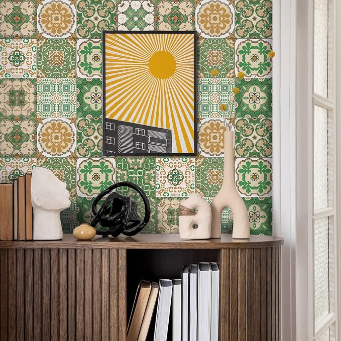6X6 in Green Mandala Tile Stickers,12Pcs Wall Tile Decals | 1.6mm-Thick Foam+PE Tiles,Self Adhesive Backsplash Tile,Waterproof Removable Wall Decor for Kitchen,Bathroom