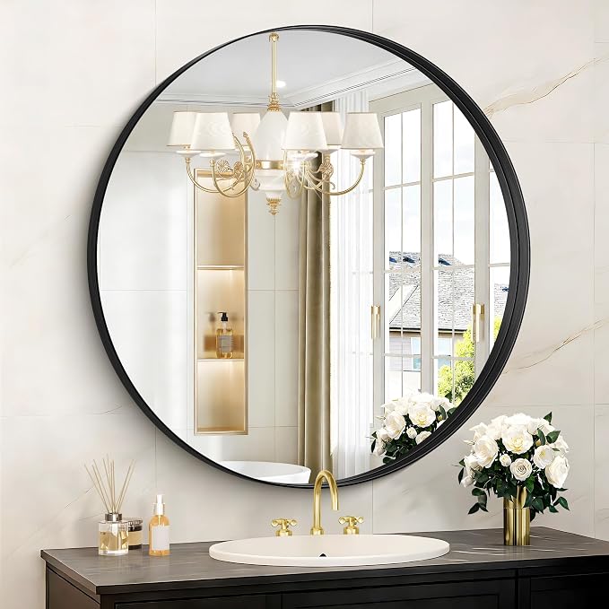 Black Round Mirror 32 inch Deep Frame Circle Mirror, Metal Framed Bathroom Mirror, Round Vanity Mirror, Circle Mirrors for Wall Entryway Bedroom Living Room Hallway