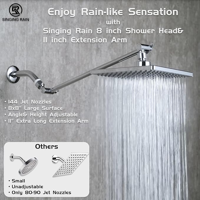Rain Shower Head, 8'' High Pressure Rainfall Square ABS Showerhead with 11'' Shower Head Extension Arm, Stainless Steel Adjustable Shower Arm Extender, Rainfall Waterfall Fixed Showerheads, Chrome