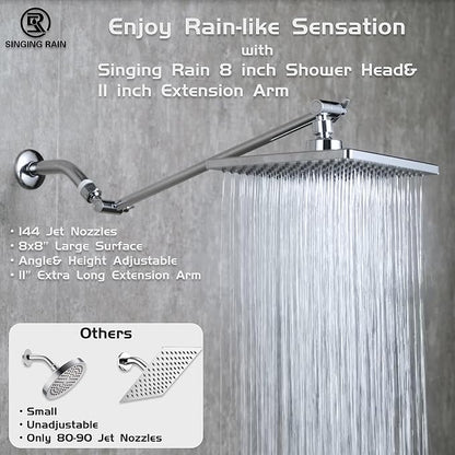 Rain Shower Head, 8'' High Pressure Rainfall Square ABS Showerhead with 11'' Shower Head Extension Arm, Stainless Steel Adjustable Shower Arm Extender, Rainfall Waterfall Fixed Showerheads, Chrome