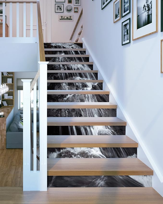 FLFK Stair Riser Decals - Stair Stickers Decals Peel and Stick,Rock Waterfall Stair Decals Self-Adhesive for Home Decor, 39.3" W x 7.08" H x 13Pcs