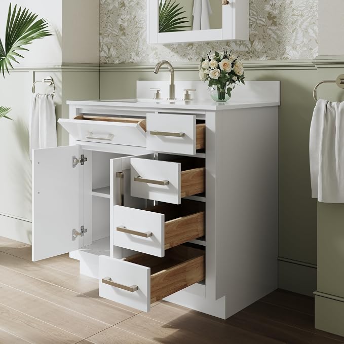 36-Inch Bathroom Vanity with Sink W/ 2 Doors & 4 Drawers & 1 Flip Drawer, White Vanity W/Brushed Nickel Handles
