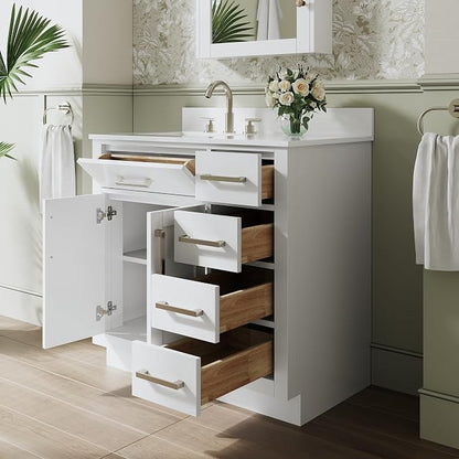 36-Inch Bathroom Vanity with Sink W/ 2 Doors & 4 Drawers & 1 Flip Drawer, White Vanity W/Brushed Nickel Handles