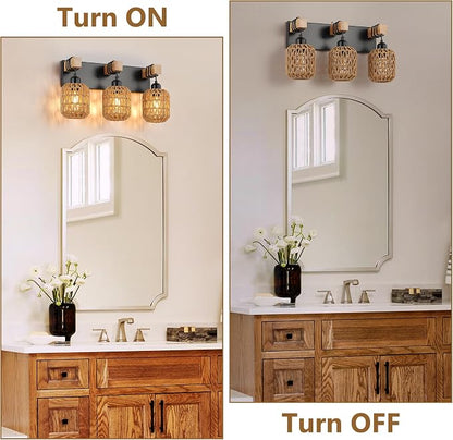 LmnLvn 3-Light Bathroom Vanity Light, Boho Farmhouse Rattan Handwoven Shade | Wood & Metal Frame, Rattan Vanity Light Design, Mounted Over Mirror, Easy To Install for Restroom, Bedroom & Hallway