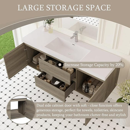 Floating Bathroom Vanity with Single Sink, 60" Wall-Mounted Bathroom Storage Vanity Cabinet with Resin Top Basin and Soft Close Drawers, No Assembly Required, Ash Grey