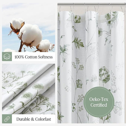 Martha Stewart Cotton Floral Extra Long Shower Curtain, 72 x 72, Sage Green | Martha's Garden Series, Botanical Floral Print, Spa Quality Modern, Machine Washable, Modern Bathroom Curtains
