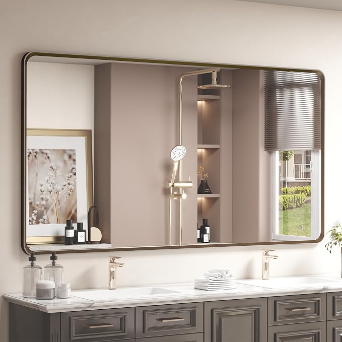OKPAL 66x36 Bronze Bathroom Vanity Mirror, Brushed Metal Framed Bathroom Mirror, Rounded Bronze Rectangle Mirror for Farmhouse, Bedroom, Anti-Rust (Horizontal/Vertical)