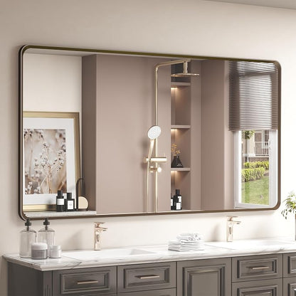 OKPAL 66x36 Bronze Bathroom Vanity Mirror, Brushed Metal Framed Bathroom Mirror, Rounded Bronze Rectangle Mirror for Farmhouse, Bedroom, Anti-Rust (Horizontal/Vertical)