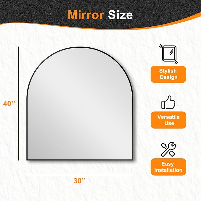 Arched Bathroom Mirror, Black, 32"x30" | Wall Mounted, Vanity Mirror, For Bedroom, Living Room and Entryway