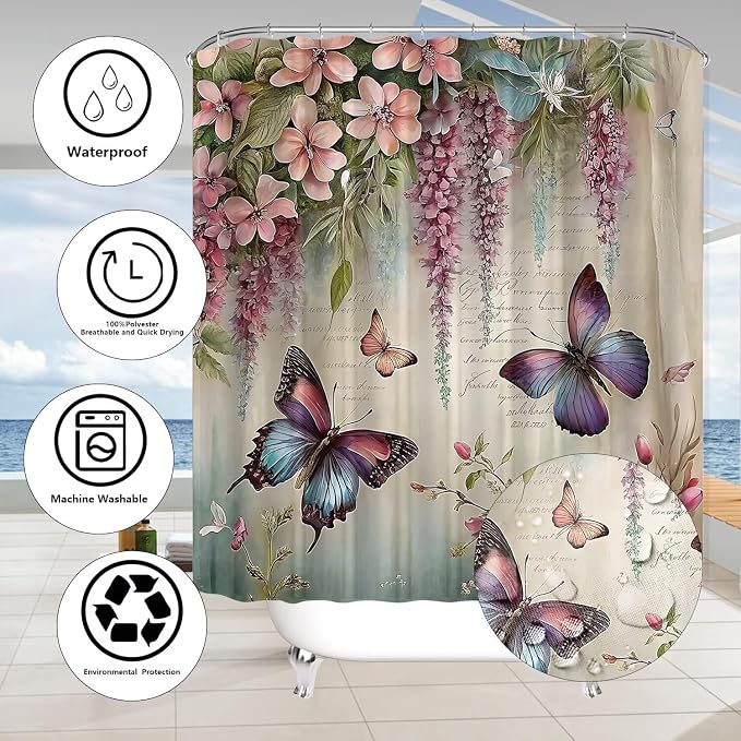 Chrainy 4pcs Spring Butterfly Shower Cutain Set Bathroom Decor with Rugs | Bath Accessories with Waterproof Curtain, Bath Mat, Toilet Lid Cover, U-Shaped Rug and 12 Hooks for Washroom, 71*71in