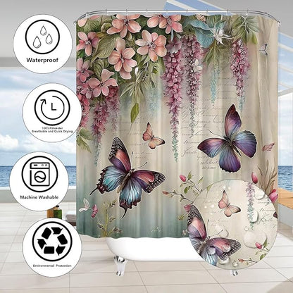Chrainy 4pcs Spring Butterfly Shower Cutain Set Bathroom Decor with Rugs | Bath Accessories with Waterproof Curtain, Bath Mat, Toilet Lid Cover, U-Shaped Rug and 12 Hooks for Washroom, 71*71in