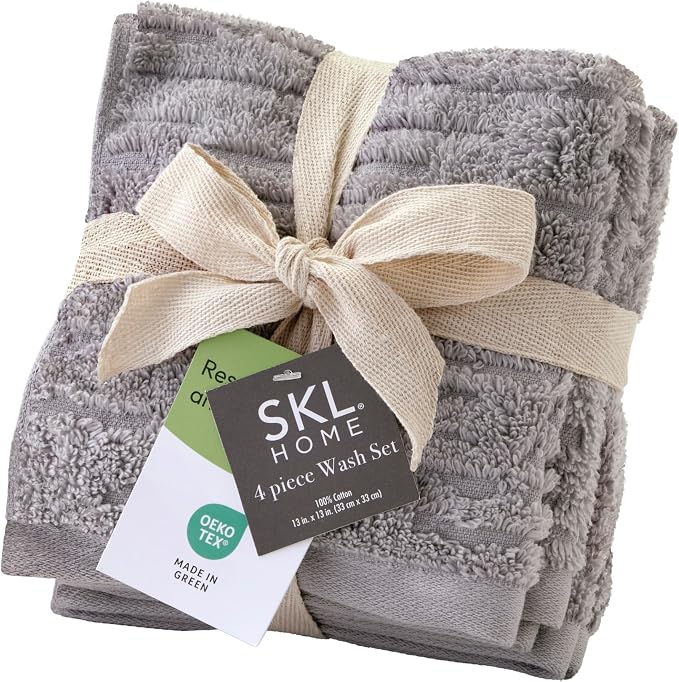 SKL Home CloudSoft Washcloth Set, 4-Piece, 100% Cotton Luxury, Gray | Premium spa-level quality. 520 GSM weight. Ultra plush & absorbent.
