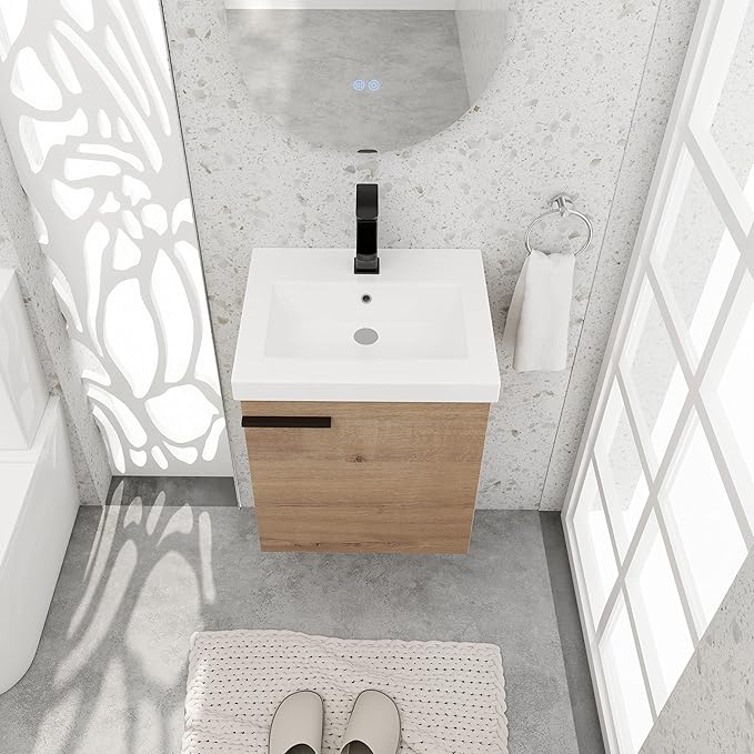 18 Inch Bathroom Vanity with Sink,Wall Mounted Bathroom Vanity Sink Combo with 1 Soft Close Door for Small Space,Modern Floating Bathroom Vanities with Top Basin&Brown Storage Cabinet