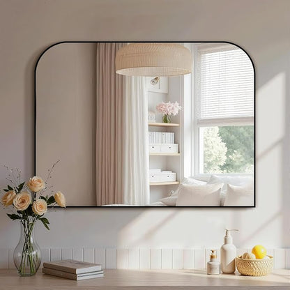 30"x40" Black Metal Framed Bathroom Mirror for Over Sink | Rounded rectangle shape. Shatterproof HD glass, all mounting hardware for bathroom, bedroom, entryway.
