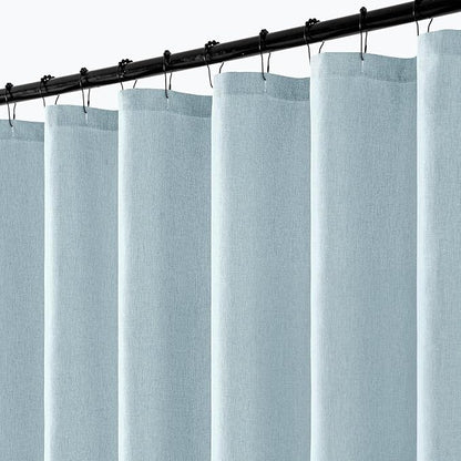 ANRODUO Fog Blue Extra Long Linen Fabric Shower Curtain Set - W72xL108 | Farmhouse Shower Curtain with 12 Metal Hooks, Waterproof Heavy Duty, Button Hole Design, Machine Washable for Bathroom