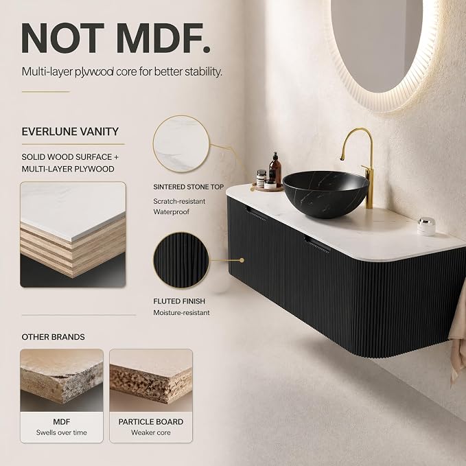 48 Inch Bathroom Vanity with Sink, Floating Wall Mounted Single Sink Vanity, Black Curved Fluted Front, Stone Top, Black Marble Vessel Basin, Pre-Assembled