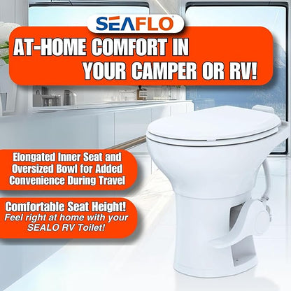 SEAFLO Residential Height Camper/RV Toilet with Elongated Ceramic Bowl, 19” Standard Height, Gravity Flush System, Foot Pedal Operation, Soft Close Seat, 4-Year Warranty