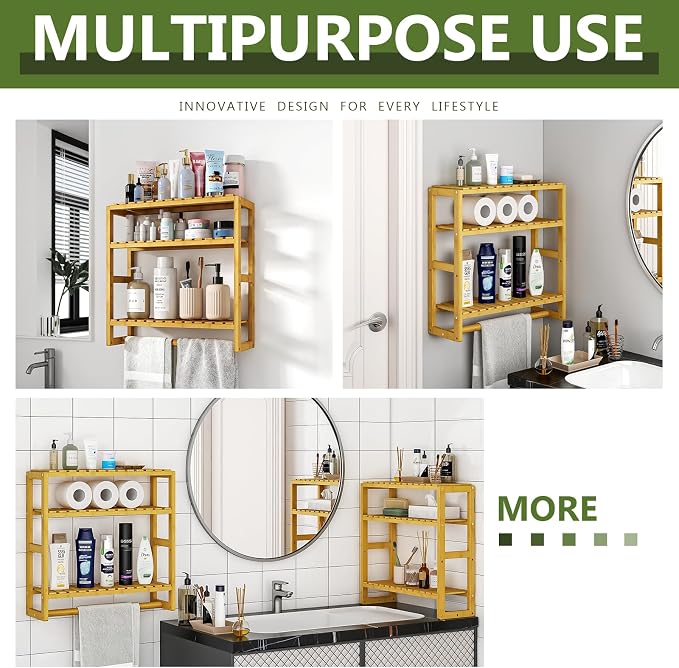 Galood Over The Toilet Storage Bathroom Shelves Wall Mounted Yellow | 3 Tier Space Saver Corner Shelf Organizer Bamboo Towel Rack Toilet Paper Cabinet with Hanging Rod
