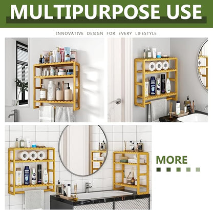 Galood Over The Toilet Storage Bathroom Shelves Wall Mounted Yellow | 3 Tier Space Saver Corner Shelf Organizer Bamboo Towel Rack Toilet Paper Cabinet with Hanging Rod