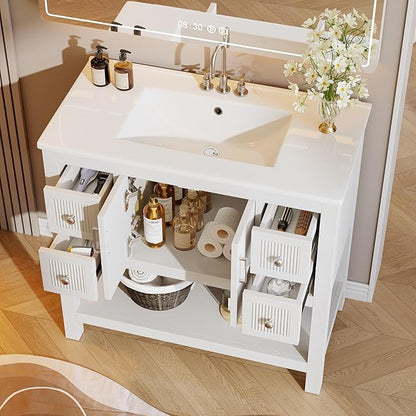 Tribesigns 36" Modern Bathroom Vanity with Sink, Freestanding Bathroom Vanities Cabinet Combo, Bathroom Sink Cabinet with 2 Doors and 1 Drawer, Solid Wooden Frame, White
