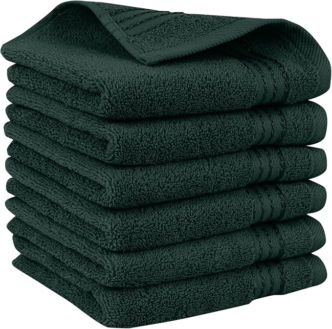Elegant Comfort Premium Turkish Cotton 6 Pack Washcloths Set - 13 x 13 inch, Luxurious Hotel Spa Quality 100% Turkish Cotton 6PC Washcloth Set - Highly Absorbent - Soft Bathroom Towels, Hunter Green