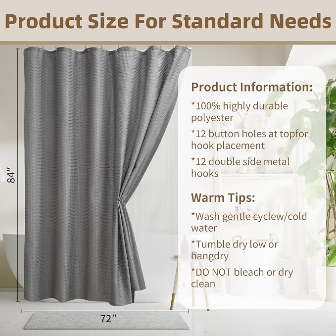 Siiluminisoy Shower Curtain and Liner Set, Waffle Shower Curtain Set with 12 Stainless Steel Hooks, Waterproof Luxury Fabric Shower Curtains for Bathroom and Hotel, Grey, 72" W x 84" H