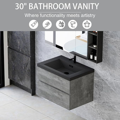 Floating Vanity Bathroom, 30 Inch Bathroom Vanity with Sink, Wall Mounted Single Sink Bathroom Vanity, Soft Closed 2 Drawers, Integrated Sink (Dark Birch)