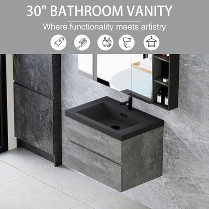 Floating Vanity Bathroom, 30 Inch Bathroom Vanity with Sink, Wall Mounted Single Sink Bathroom Vanity, Soft Closed 2 Drawers, Integrated Sink (Dark Birch)