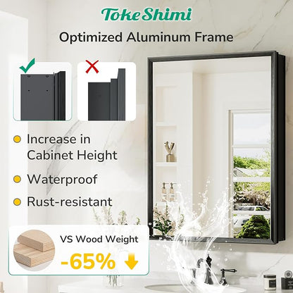 14 x 18 Recessed Medicine Cabinet, Assembly Required, Black Bathroom Medicine Cabinet with Mirror, Stepless Adjustable Shelves, Tempered Glass, Beveled Aluminum Frame