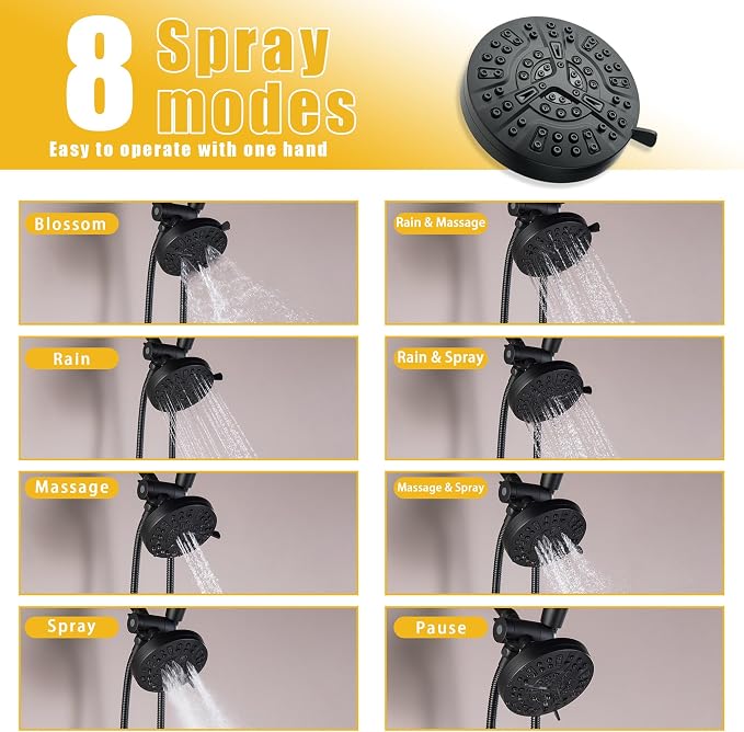 2 Handle Shower Faucet Wall Mounted Two Handles Shower Faucet Set with 8 Modes Rainfall Shower Head and 10 Modes Handheld 2 Knobs Shower Trim Kit with Rough-in Valve, Matte Black