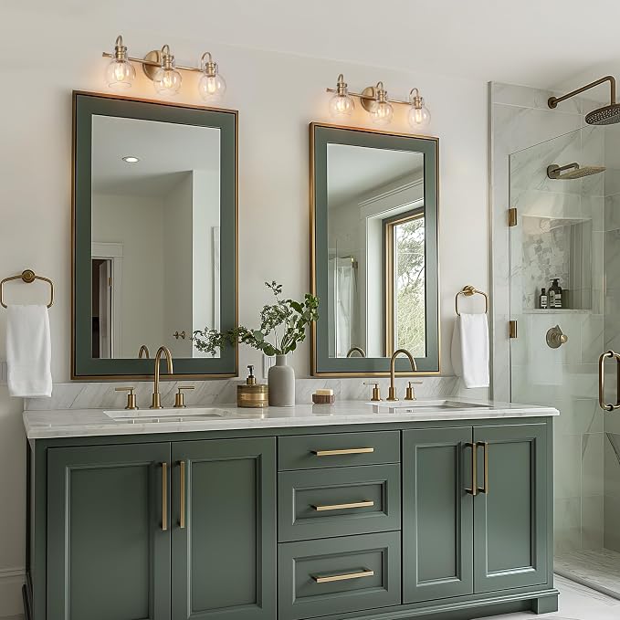 Gold Bathroom Light Fixtures, 22'' Modern Vanity Lights with Clear Glass Globes, 3-Light Bathroom Lighting Over Mirror