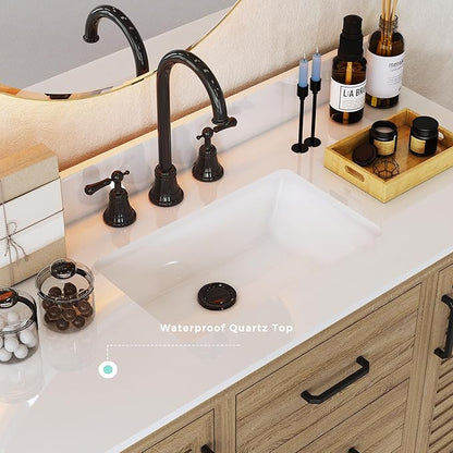 48" Brown Freestanding Bathroom Vanity with Single Sink, Durable Quartz Countertop & Ceramic Basin, Brown Woodgrain Cabinet with Soft-Close Doors & 3 Drawers, Fully Pre-Assembled