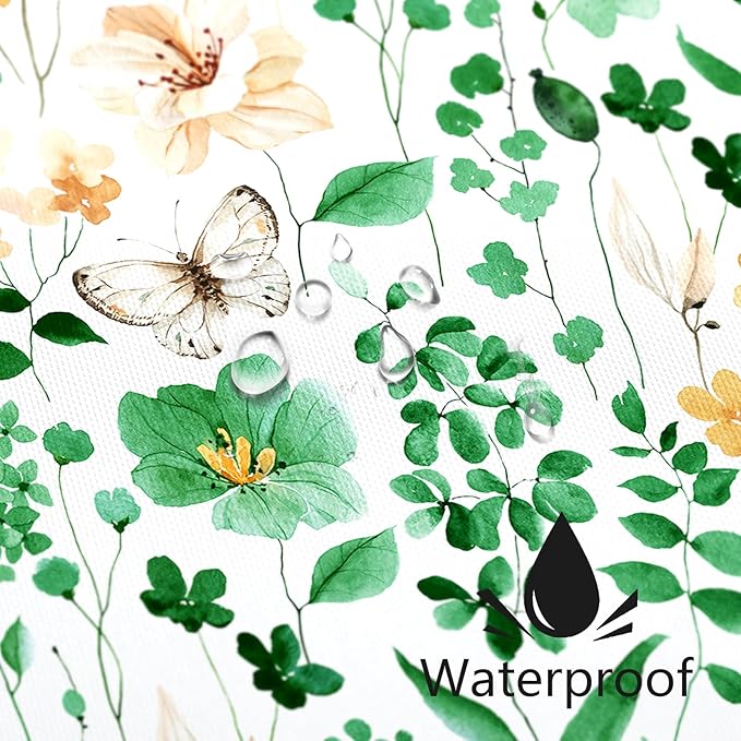 Emerald Green Floral Shower Curtain, Cute Flower Fabric Shower Curtains for Bathroom, Watercolor Wildflower Butterfly Cloth Shower Curtain Set with Hooks, 72x72