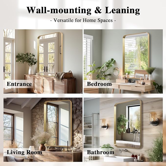 Anpark Wall Mirror 22" x 30" for Bathroom, Gold Metal Deep Frame, Rectangular Round Corner, Mounted Vanity Mirror for Bedroom, Living Room, Entryway Decor