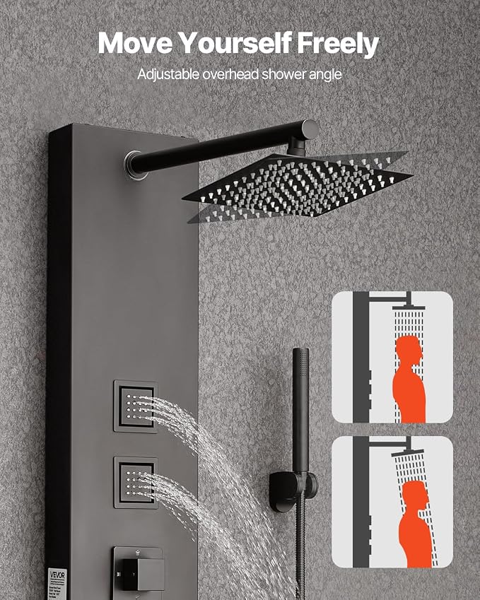 VEVOR Shower Panel Tower System with Rainfall Shower Head, 49 in Brushed Stainless Steel Shower Column, 4-Function Faucet, Wall-Mount Rain Massage System, with 4 Body Jets, Handheld, and Tub Spout