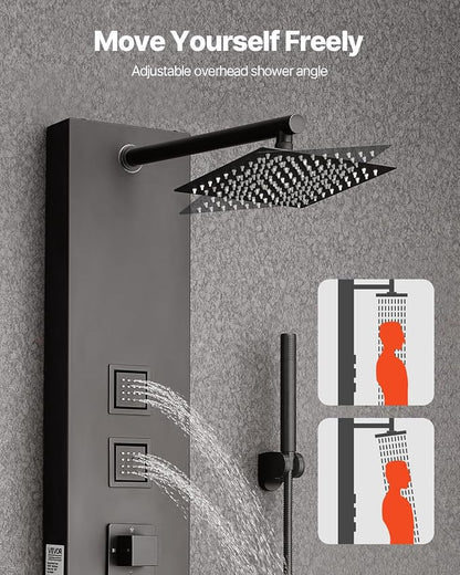 VEVOR Shower Panel Tower System with Rainfall Shower Head, 49 in Brushed Stainless Steel Shower Column, 4-Function Faucet, Wall-Mount Rain Massage System, with 4 Body Jets, Handheld, and Tub Spout