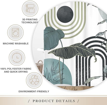 Glawry Green Teal Blue Abstract Shower Curtain Mid Century Boho Retro Tropical Palm Tree Leaves Sun Arch Modern Bathroom Geometric 60Wx72L Inches Bath Accessories Art Home Decor Fabric 12 Pack Hooks
