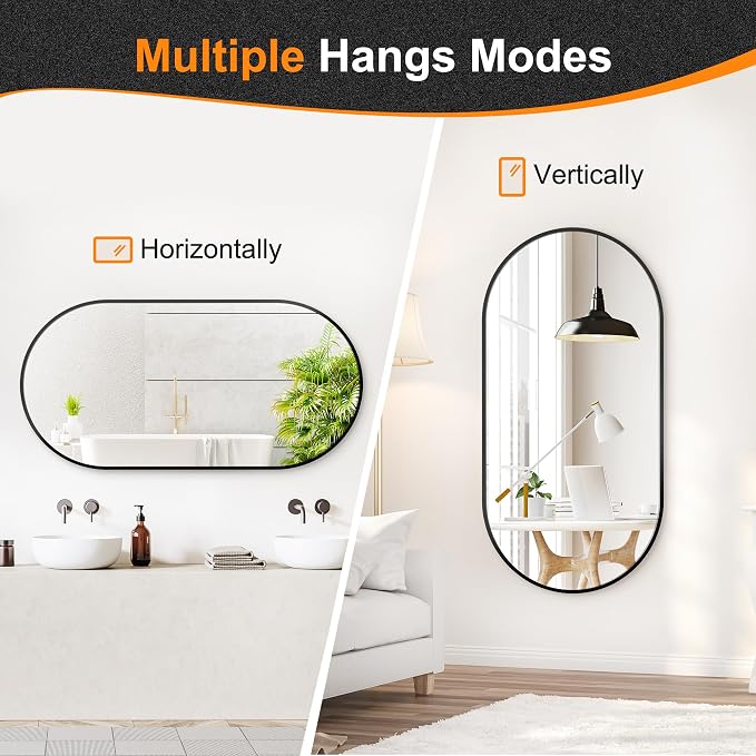 48x24 Black Oval Bathroom Mirror for Over Sink, Aluminum Frame | HD Reflection No Distortion, Aluminum Frame, Mounting Hardware for Vertical or Horizontal Mount