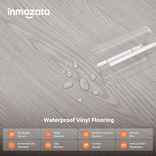 INMOZATA 36-Pack Peel and Stick Flooring Vinyl Floor Tile (White Wash Wood) | 54 Sq.Ft, Waterproof, Heat-resistant, Wood Grain, Strong Adhesive, DIY Flooring for Bedroom Living Room Bathroom Kitchen RV