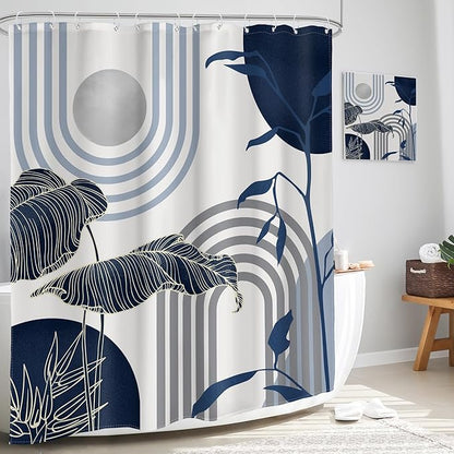 Glawry Mid Century Abstract Shower Curtain Blue Grey Boho Palm Tree Leaf Sun Arch Minimalist Geometric Bathroom Modern Aesthetic 60Wx72L Inches Bath Accessories Art Home Decor Fabric 12 Pack Hook