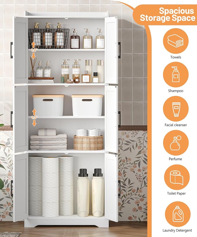 Akxomel Tall Bathroom Floor Cabinet with 6 Barn Door 60.2''H Pantry White | 11.6''D x 22.6''W Linen Storage Cabinet with Adjustable Shelves, for Kitchen, Living Room, Entryway