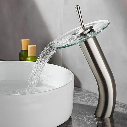 Waterfall Bathroom Faucet Glass Single Handle Solid Brass Basin Lavatory Vessel Sink Vanity Faucet,Tall,Brushed Nickel