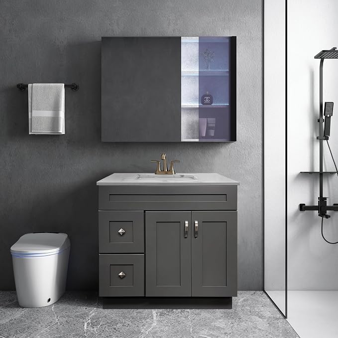 36” Grey Shaker Bathroom Vanity Base – Ready-to-Assemble Sink Cabinet with Drawers, Shaker Style Storage, Base Only, No Top or Sink